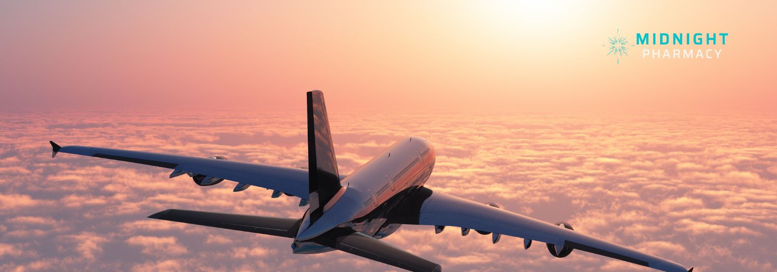 A plane flying into the sunset, illustrating high altitude
