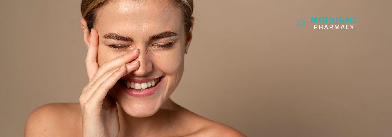 Happy woman with clear skin on a beige background